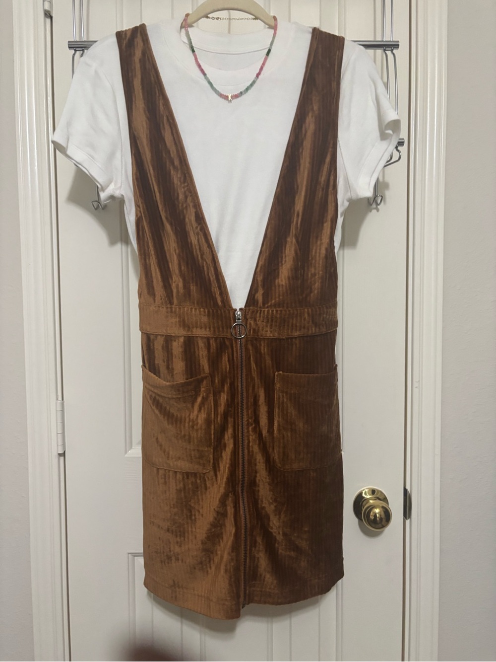 NWOT Moon River Brown Corduroy Zip-Front Midi Pinafore Dress